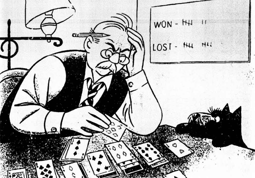 Cartoon eines älteren Mannes, der frustriert beim Solitaire-Kartenspiel ist, mit einer Anzeigetafel, die mehr Niederlagen als Siege zeigt